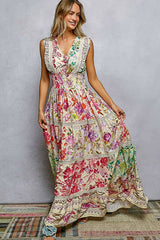 Feminine V-neck Smocked Waist Ruffle Floral Maxi Dress: CREAM MULTI / S