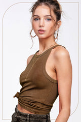 HBT7642-Mineral Washed Stretchy Ribbed Halter Neck Tank Top: Royal / L
