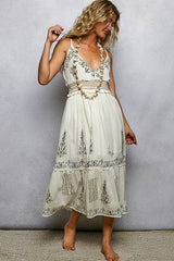 V-neck Sleeveless Smocked Band Ruffle Woven Dress