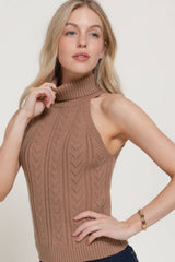 Sleeveless Turtle Neck Front Cable Sweater: BLK-black / L