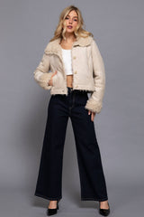 Long Sleeve Inside Fur Detail Penny Lane Suede Short Jacket: IVY-cream / S