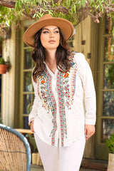 Viscose Split Collar Embroidered Pull-Over Shirt 5109-MAT : White / L
