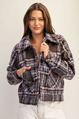 Plaid Textured Button Down Collared Jacket