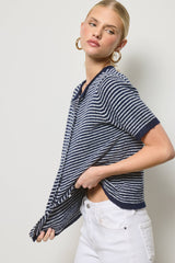 Striped Short Sleeve Button Cardigan: Black / S