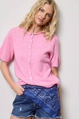 Short Sleeve Button Down Cardigan Top: Green Tea / S