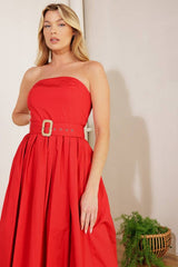Red Strapless Cotton Midi Dress