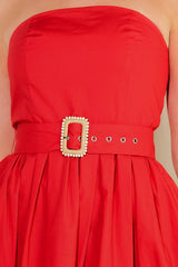 Red Strapless Cotton Midi Dress