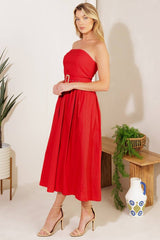 Red Strapless Cotton Midi Dress