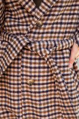 Long Plaid Overcoat With Tie Belt