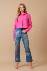 Star Rhinestone Embellishment Straight Leg Jeans