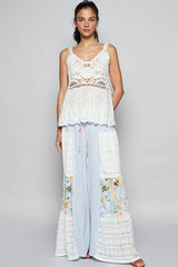 V-neck sleeveless floral embroidery crochet woven top