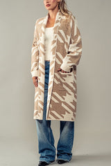 Exaggerated Houndstooth Open Front Knit Cardigan