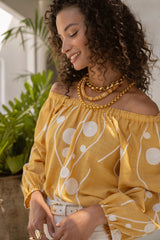 Yellow with Cream Embroidery Woven Top