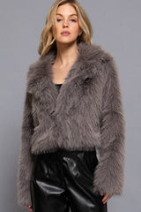 Long Sleeve Notched Collar Faux Fur Cropped Jacket: PNK-mauve / S