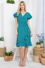 Flurries of dots Print Faux  Wrap Dress in Teal Blue