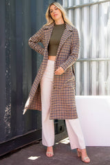 Long Plaid Overcoat With Tie Belt