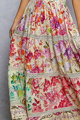 Feminine V-neck Smocked Waist Ruffle Floral Maxi Dress: CREAM MULTI / L