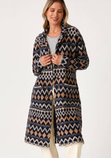 Bohemian Chevron Button Front Knit Cardigan: Navy/Camel / S