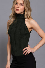 Sleeveless Turtle Neck Front Cable Sweater: BLK-black / M