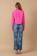 Star Rhinestone Embellishment Straight Leg Jeans