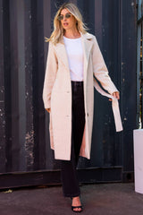 Cream Long Overcoat With Tie Belt