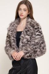 Long Sleeve Notched Collar Printed Faux Fur Jacket: IVY-cream / S