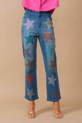 Star Rhinestone Embellishment Straight Leg Jeans
