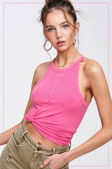HBT7642-Mineral Washed Stretchy Ribbed Halter Neck Tank Top: Royal / S