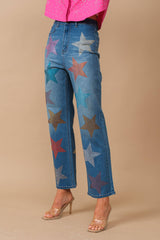 Star Rhinestone Embellishment Straight Leg Jeans
