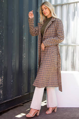Long Plaid Overcoat With Tie Belt
