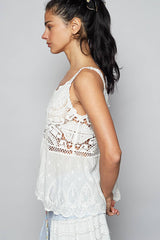 V-neck sleeveless floral embroidery crochet woven top
