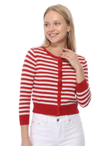 3/4 Sleeve Crewneck Striped Sweater Cardigan MK3521: RED/IVORY / S