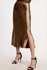 JBP4222-High-Waisted Midi Length Satin Effect Solid Skirt: Brown / M