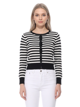 3/4 Sleeve Crewneck Striped Sweater Cardigan MK3521: RED/IVORY / L