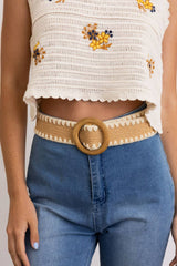 Whipstitch Raffia Belt with Wooden Round Buckle: Black/Ivory/Brown