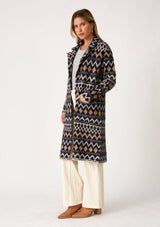Bohemian Chevron Button Front Knit Cardigan: Navy/Camel / L