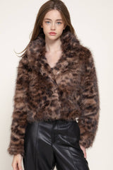 Long Sleeve Notched Collar Printed Faux Fur Jacket: IVY-cream / S