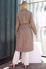 Long Plaid Overcoat With Tie Belt