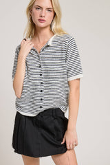 Striped Short Sleeve Button Cardigan: Black / L