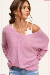 JLS3504-Soft Lightweight Loose Fit Textured Pullover Sweater: Plum / L