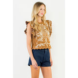 Flutter Sleeve Suede Embroidery Detail Top