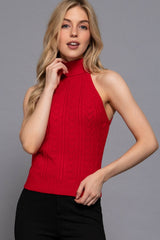 Sleeveless Turtle Neck Front Cable Sweater: BLK-black / M