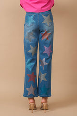 Star Rhinestone Embellishment Straight Leg Jeans