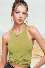 HBT7642-Mineral Washed Stretchy Ribbed Halter Neck Tank Top: Royal / M