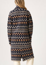 Bohemian Chevron Button Front Knit Cardigan: Navy/Camel / M