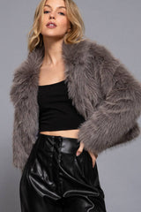 Long Sleeve Notched Collar Faux Fur Cropped Jacket: PNK-mauve / S