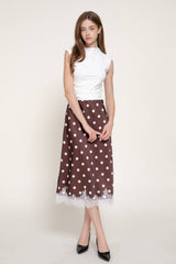 Mid Rise lace Trim Dot Print Satin Midi Skirt: BRN-brown/white / S