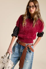 Fuzzy Knit Cropped Short Sleeve Sweater: Wine / L