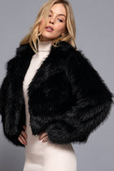 Long Sleeve Notched Collar Faux Fur Cropped Jacket: PNK-mauve / M