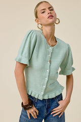 Puff Sleeve Ruffle Hem Knit Cardigan: Rust Brown / M